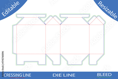 Unfolded packaging box die cut template with bleed and crease lines