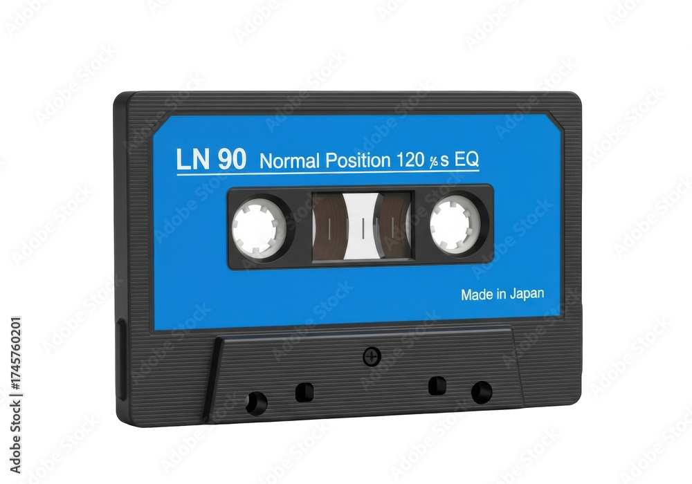 Obraz premium Black retro audio cassette tape with vibrant blue label showing brown reels and 
