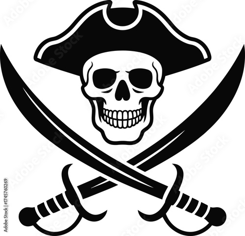 Black pirate skull and crossed swords emblem on transparent background silhouette