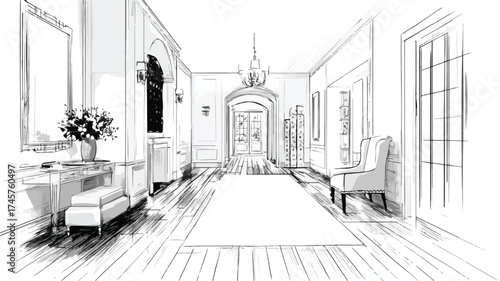 Luxurious Hallway Interior Design Sketch for Elegant Home Decor and Architecture Inspiration