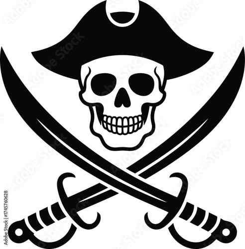 Black pirate skull and crossed swords emblem on transparent background silhouette