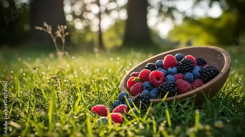 Vibrant assortment of fresh summer berries glistening with morning dew drops in a rustic outdoor setting with golden sunlight