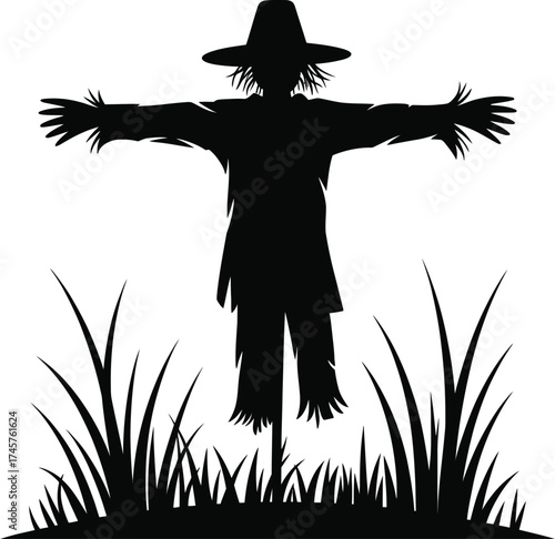 Black silhouette of a scarecrow standing in a field on transparent background