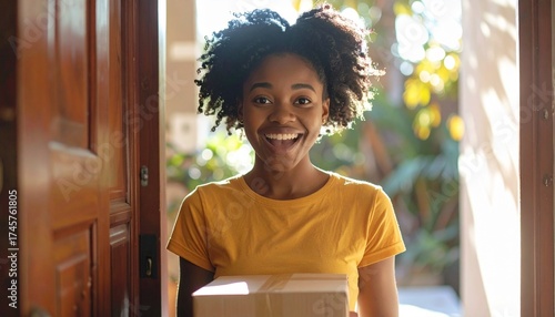 Happy Woman Receiving Package Delivery at Home