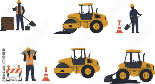 Construction worker silhouettes, road roller vector, front loader clipart, building site icons, heavy machinery artwork, safety helmet design, infrastructure illustration pack