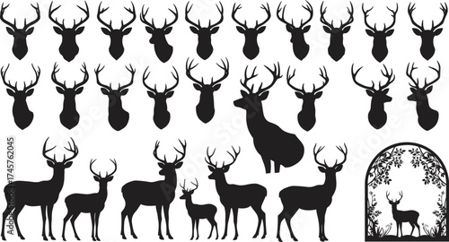 Deer silhouette bundle, antler head icons, wildlife vector set, hunting clipart, rustic forest animals, stag head design, nature illustration pack