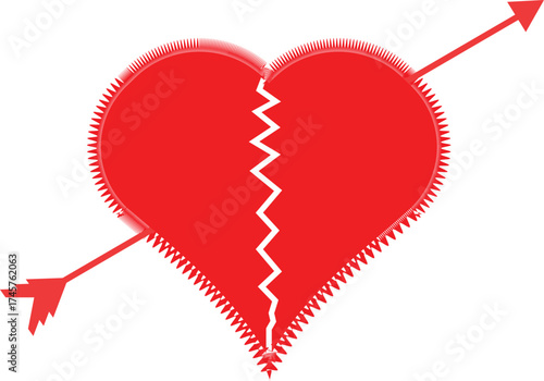 Red broken heart pierced by arrow symbol of love and heartbreak emotions vector