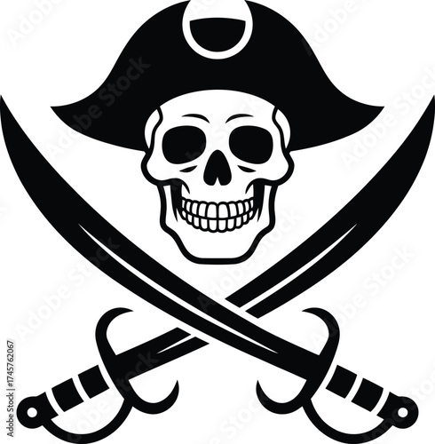 Black pirate skull and crossed swords graphic design on transparent background silhouette