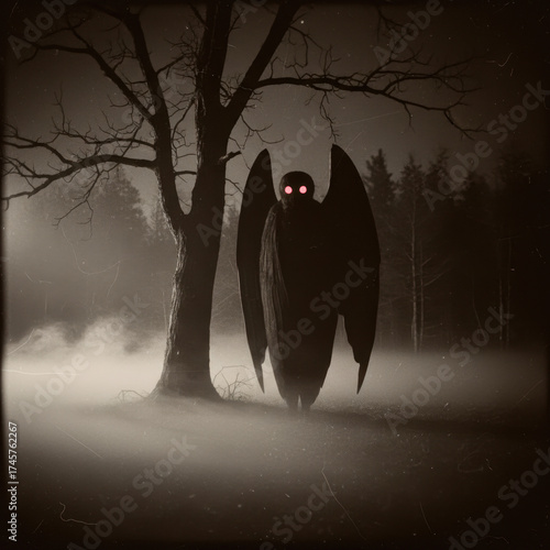 Mythological Mothman Creature Standing in Eerie, Foggy Forest at Night