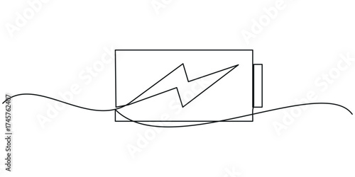 Continuous one line drawing of battery charging. Single line drawing illustration of battery charging symbol. Vector illustration.