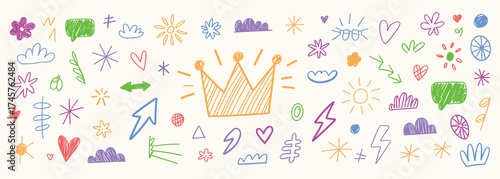 A vibrant and whimsical collection of hand-drawn doodles surrounds a golden crown, forming a cheerful, childlike pattern on a light background.