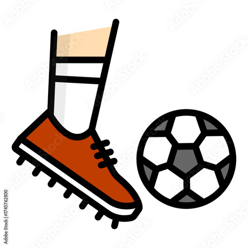 "Soccer shoe and football icon with orange shoes and a black-and-white ball. Representing soccer action, athletic gear, and sports competition."