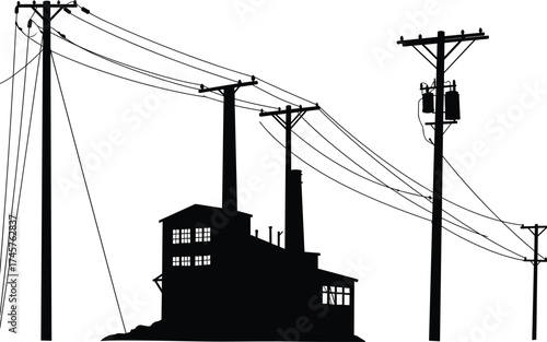 Silhouette industrial building, utility poles with transformers, power line network, electricity distribution, urban infrastructure, energy grid, black outline, chimneys, architectural silhouette