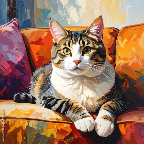A tabby cat resting on an orange couch.  Colorful, detailed, and expressive portrait