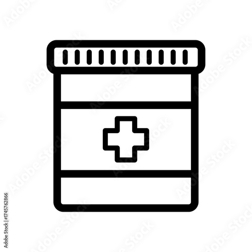"Minimalist medicine bottle icon with a cross symbol, representing health, medication, and medical care. Perfect for health-related content, pharmacy, and healthcare services."
