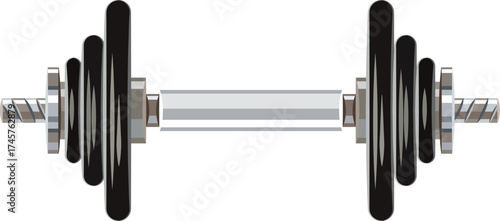 A symmetrical gym dumbbell with multiple black plates on each side, shiny steel bar, isolated on transparent background, minimal composition, ultra-sharp focus