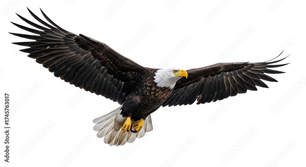 Fototapeta premium Majestic bald eagle in mid-air, wings fully extended, against transparent studio background with negative space, conveying freedom and majesty