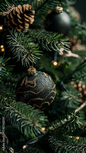 Christmas tree with decorations and sparkling lights. Close up.