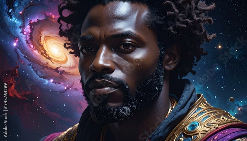 A dark-skinned man with intricate dreadlocks, intense gaze, and golden-embellished robes, set against a vibrant, swirling nebula backdrop