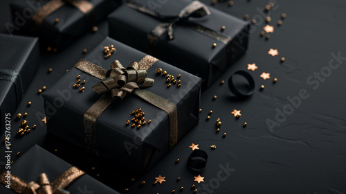 Christmas gifts with gold bows and ribbons on a black background with golden stars 