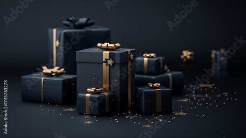 Christmas blue gifts with gold bows and ribbons on a dark blue background