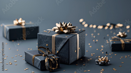 Christmas blue gifts with gold bows and ribbons on a blue background