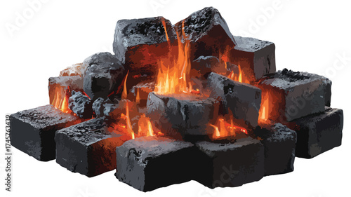 Hot Glowing Charcoal Briquettes Fuel Firewood Burning on BBQ Grill