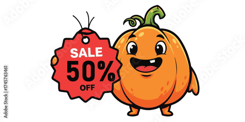 Happy pumpkin character promotes a 50 percent off sale
