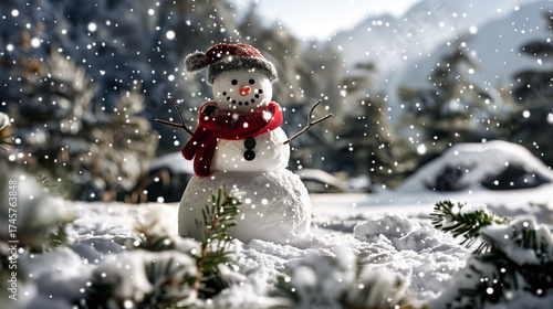 A happy snowman stands against the backdrop of a snowy landscape.