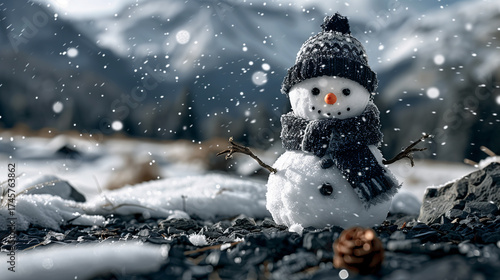 A сute snowman stands against the backdrop of a snowy landscape.