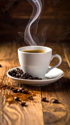 Hot coffee steaming in a white cup
