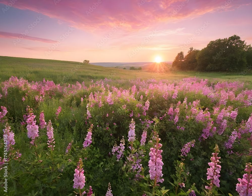 Obraz premium Summer flower meadow wildflower field pink with morning sunlight, Idyllic spring background with blossoming lilac bushes flowers and pink wildflowers on meadow. Natural pink flowers in the mountains