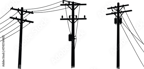 Silhouette utility poles, electrical transformers, power line network, urban energy infrastructure, voltage distribution, overhead wires, black outline, complex grid system, electricity