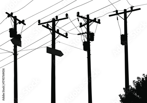 Silhouette utility poles, directional street sign, transformers and insulators, power line network, electricity distribution, urban infrastructure, black outline, energy grid