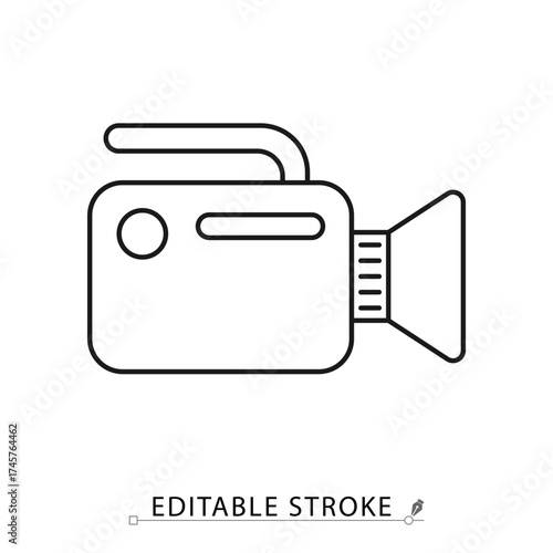 A video camera icon in a minimalist line style with editable stroke. Movie production equipment, film recording device, cinema camera, digital media technology, professional broadcast.