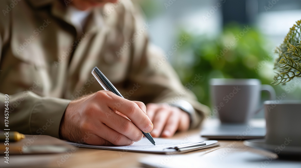 Fototapeta premium Service member writing letter at desk military correspondence personal communication deployment letters staying connected military downtime personal reflection