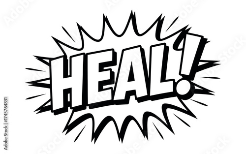 Vector art of heal text with black outline in a comic book style speech bubble