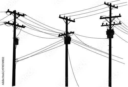  Silhouette utility poles, electrical transformers, power line network, urban energy infrastructure, rural electricity grid, voltage distribution, overhead wires, black outline silhouette