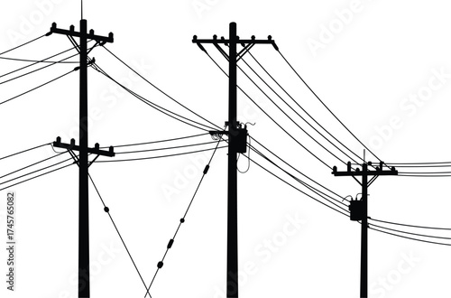 Silhouette utility poles, electrical transformers, power line network, urban energy infrastructure, rural electricity grid, voltage distribution, overhead wires, 