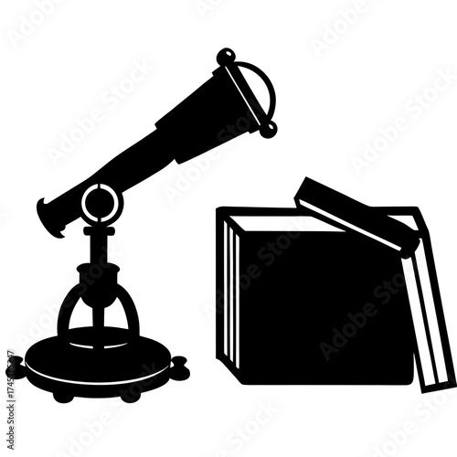 A telescope and books, symbolizing exploration, knowledge, and learning, perfect for educational materials, science publications, or historical content