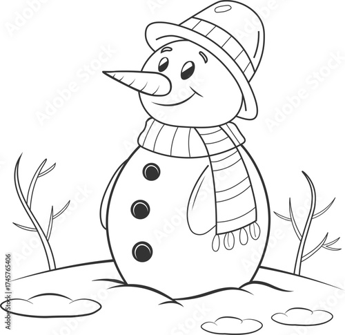 Coloring book line art of a Christmas snowman vector illustration