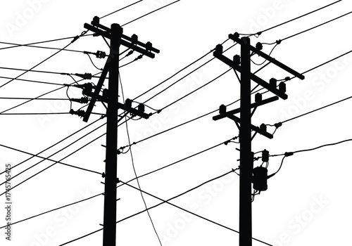 Silhouette utility poles, electrical transformers, power line network, urban energy infrastructure, rural electricity grid, voltage distribution, overhead wires, black outline silhouette