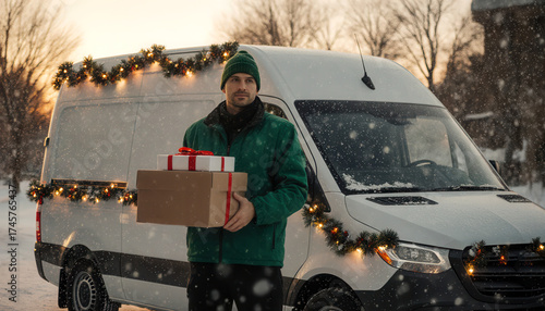 Delivery man carrying gifts in snowy neighborhood during winter holiday season. Logistic service during christmas period concept