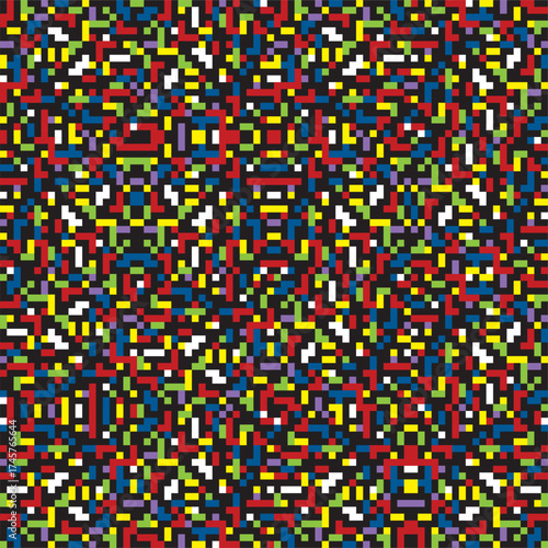 Seamless 80s pixel vector pattern. Repeating print with a pink, yellow, blue, green and white digital square design on a black background. Apparel textile print.