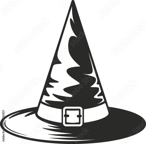 Classic pointed witch hat with ribbon detail on transparent background silhouette