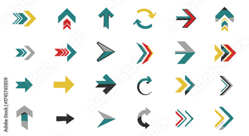 A versatile collection of modern flat design arrow icons and symbols, showcasing a variety of directional pointers for user interface design and navigation