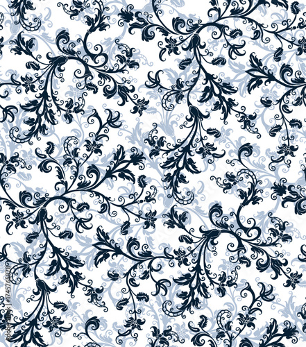 Seamless ornate floral vector pattern. Repeating print with a black line flower and leaf design on a tonal green background. Apparel textile print.