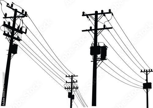 Silhouette utility poles, electrical transformers, power line network, urban energy infrastructure, rural electricity grid, voltage distribution, overhead wires, black outline, industrial skyline