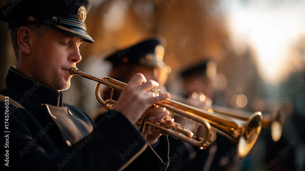 Obraz premium Military band performing at ceremonial event military musicians ceremonial music traditional performance military pageantry musical tribute formal ceremony patriotic perform
