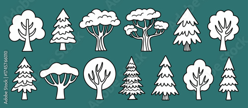 Cartoon winter trees collection with snow covered branches including birch spruce oak maple and elm perfect for seasonal forest park landscape vector illustration